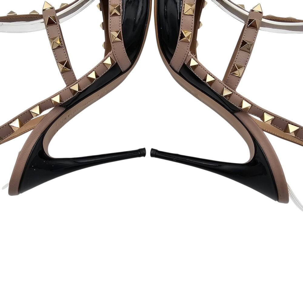Valentino Garavani Rockstud Heel Pump Cage Black Patent Leather Tan Size 40 10 - Picture 10 of 16